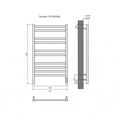 Полотенцесушитель электрический Aquatek (Акватек) Поларис П10 500х900 мм, подключение скрытое к сети электропитания / электропровод с вилкой, с терморегулятором и таймером quick touch, нержавеющая сталь AISI 201, гарантия 5 лет - вид 5 миниатюра