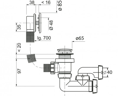 Слив-перелив п/автомат WIRQUIN для ванны с внешним кабелем L=700 мм регулируем.сифоном, вентиль и клапан латунь, с гофротрубой, хром - вид 1 миниатюра